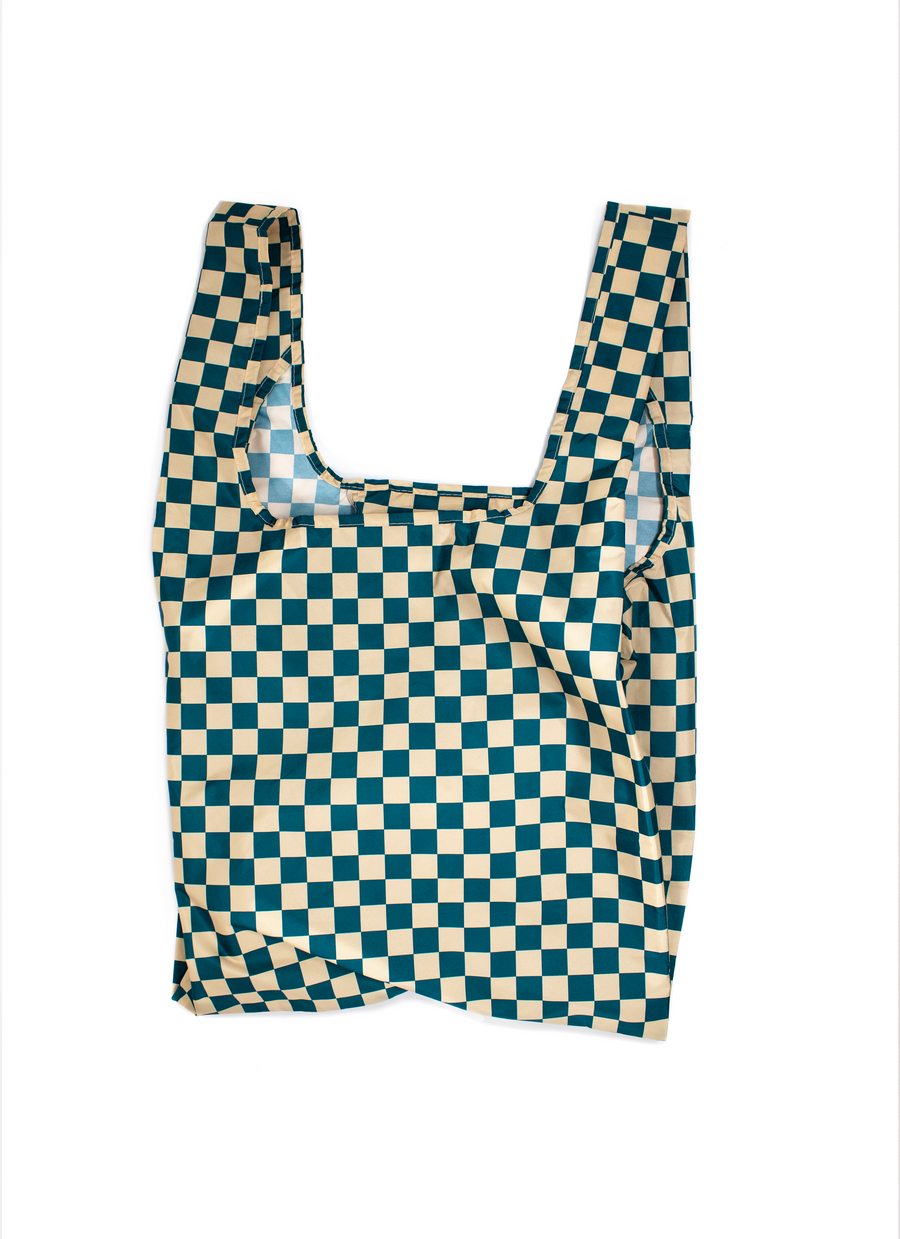 Kind Bag Checkerboard Teal Beige Medium Reusable Bag Flatlay