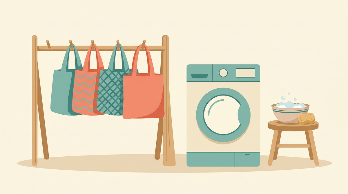 Illustration of fabric bags air drying on a rail beside a washing machine