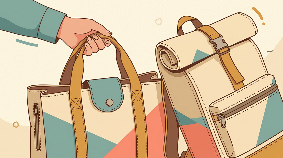 Illustration of a tote bag and roll-top backpack with close-up stitching, zip and clasp details