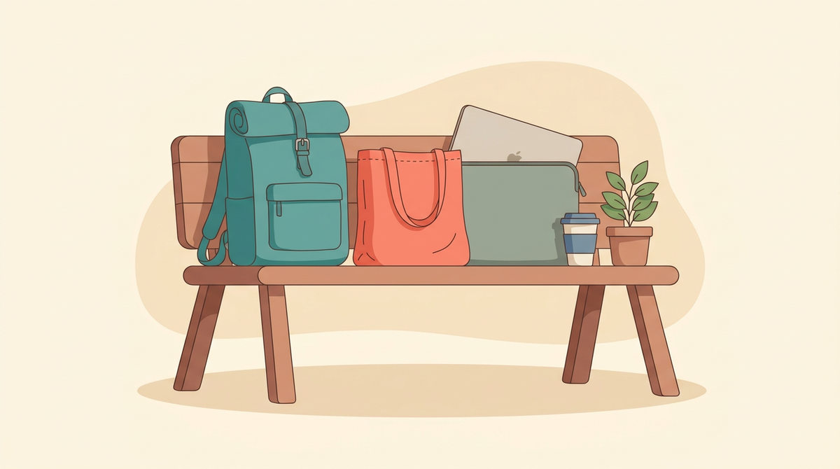 Flat illustration of a teal backpack, coral tote and padded laptop sleeve on a bench
