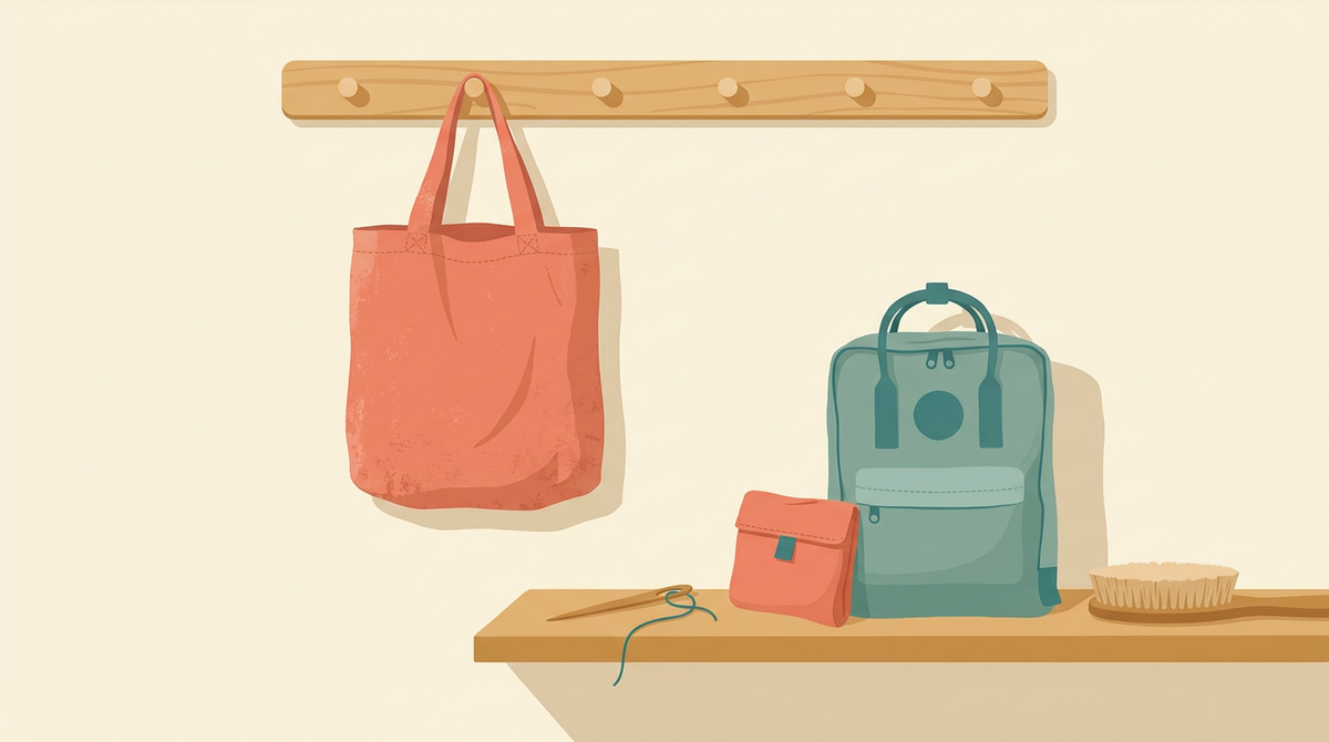 Flat illustration of a coral shopping bag air-drying on a peg rail beside a teal backpack and a needle and thread