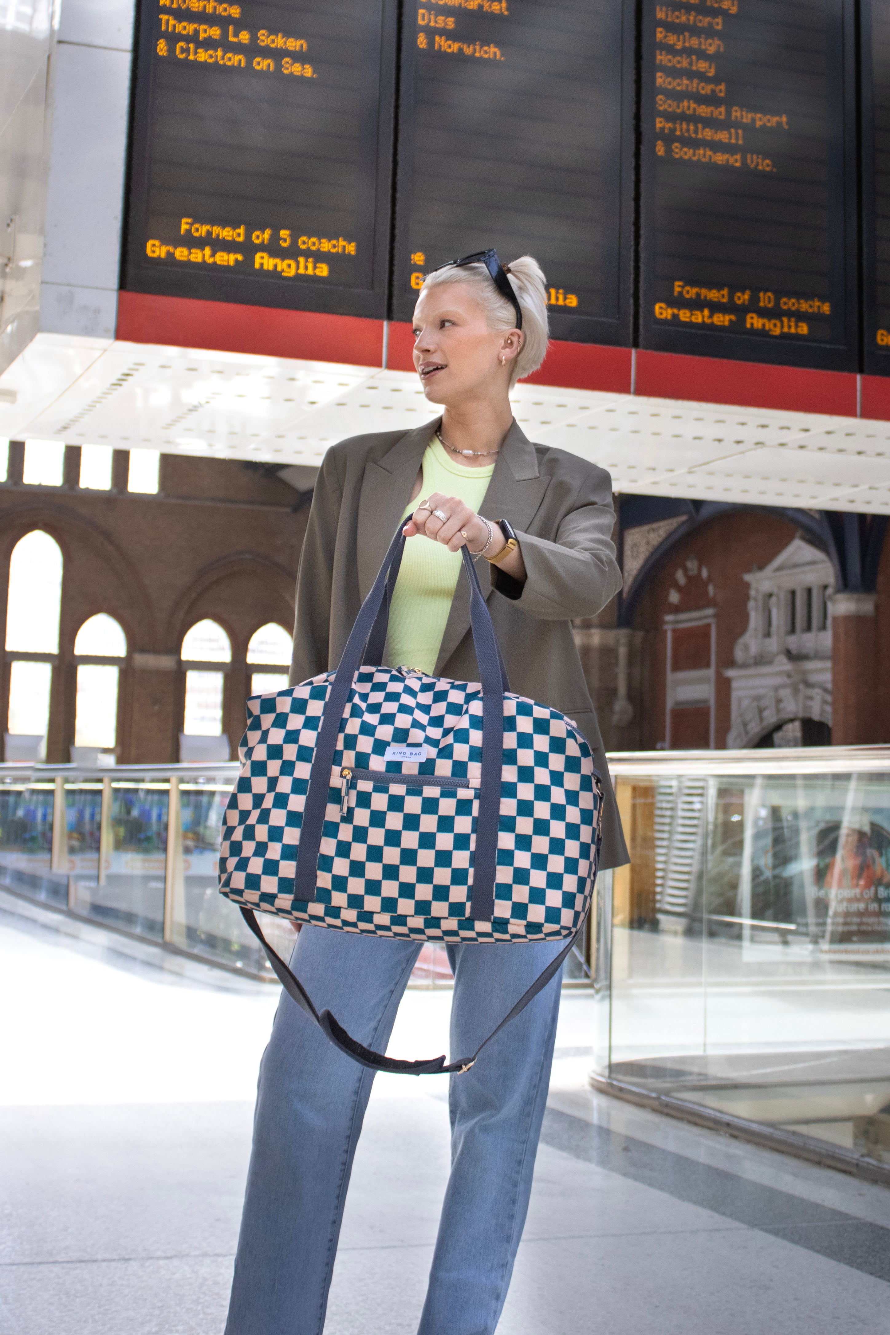 Weekender Carry-On Bag | Checkerboard Teal & Beige