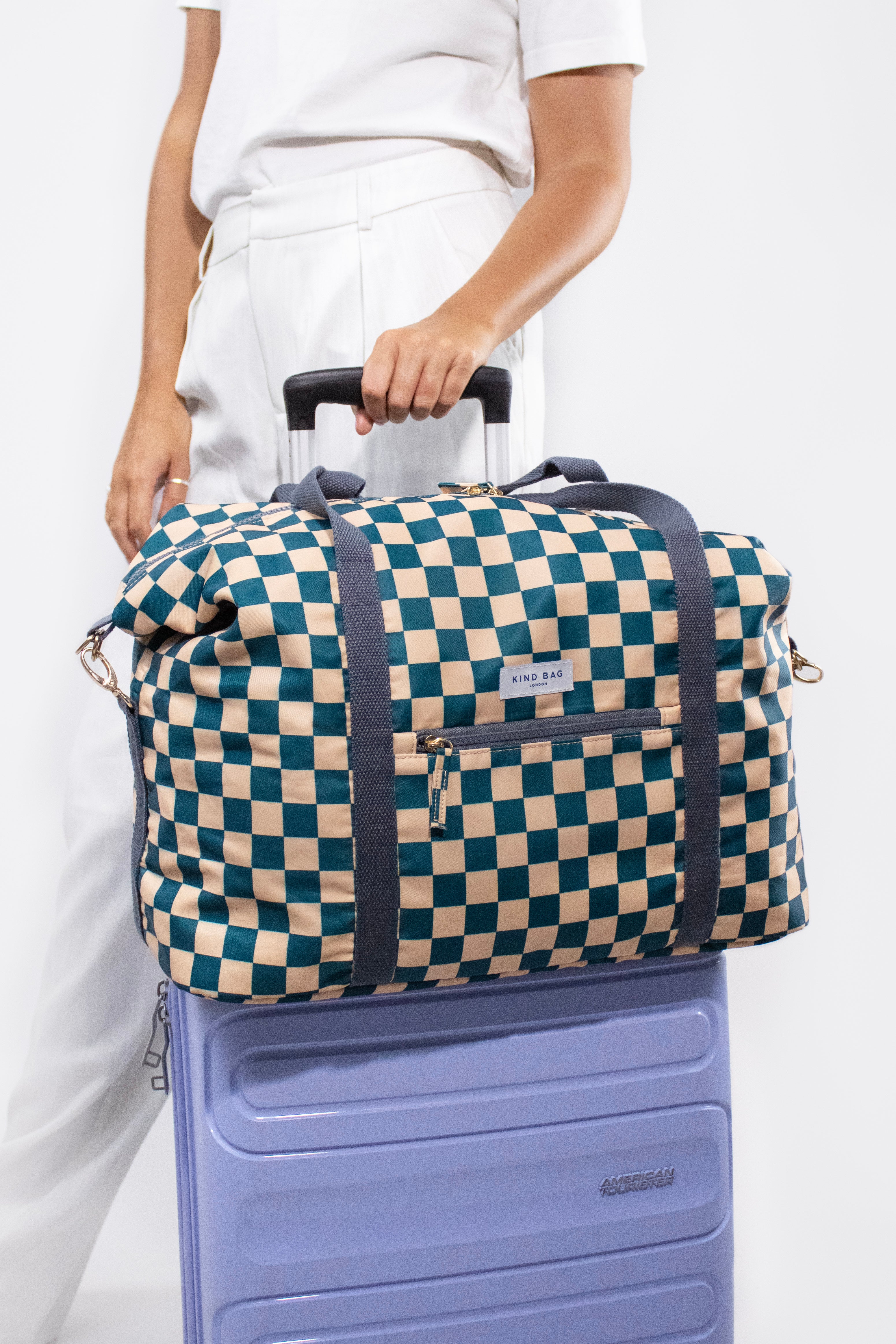 Weekender Carry-On Bag | Checkerboard Teal & Beige