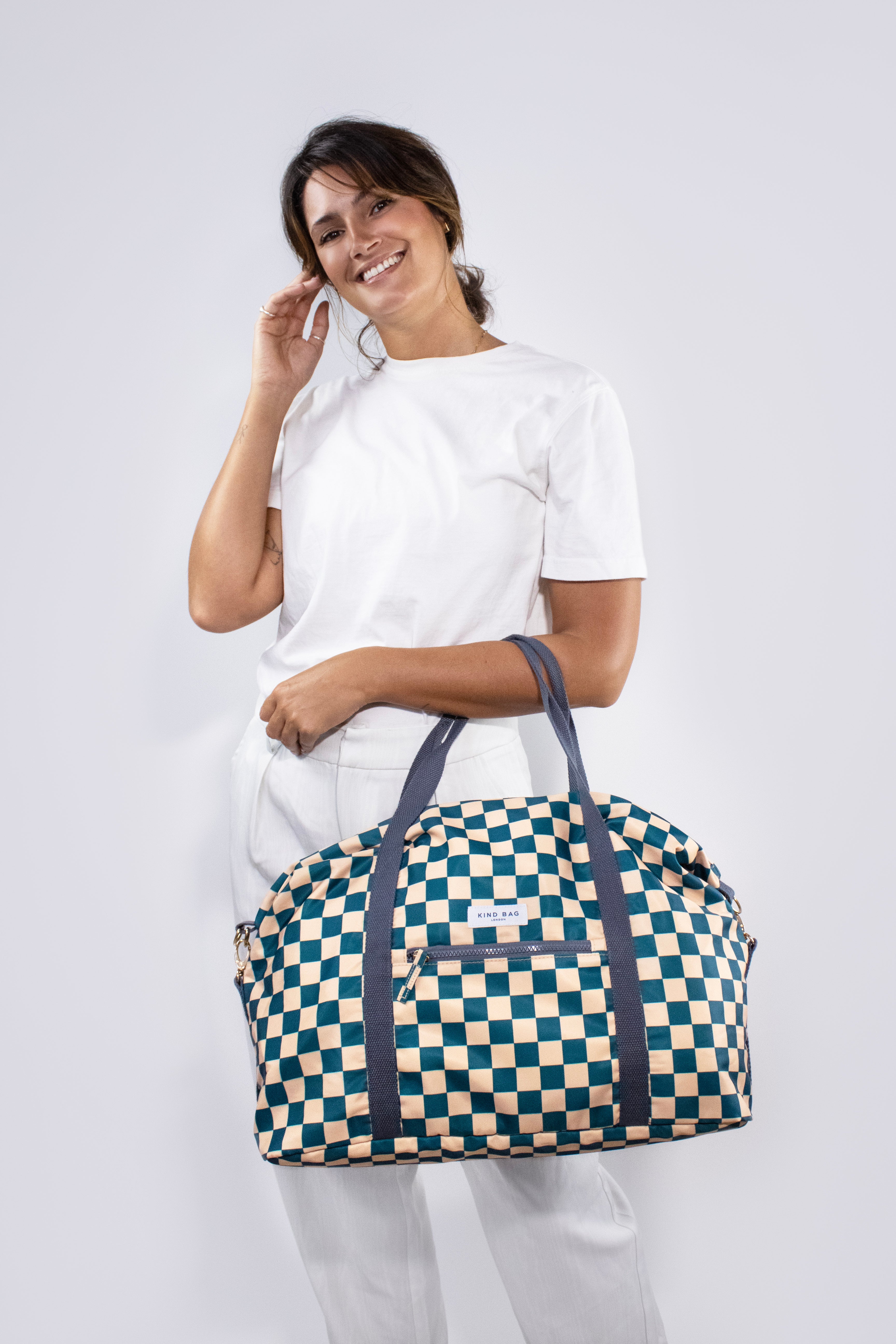 Weekender Carry-On Bag | Checkerboard Teal & Beige