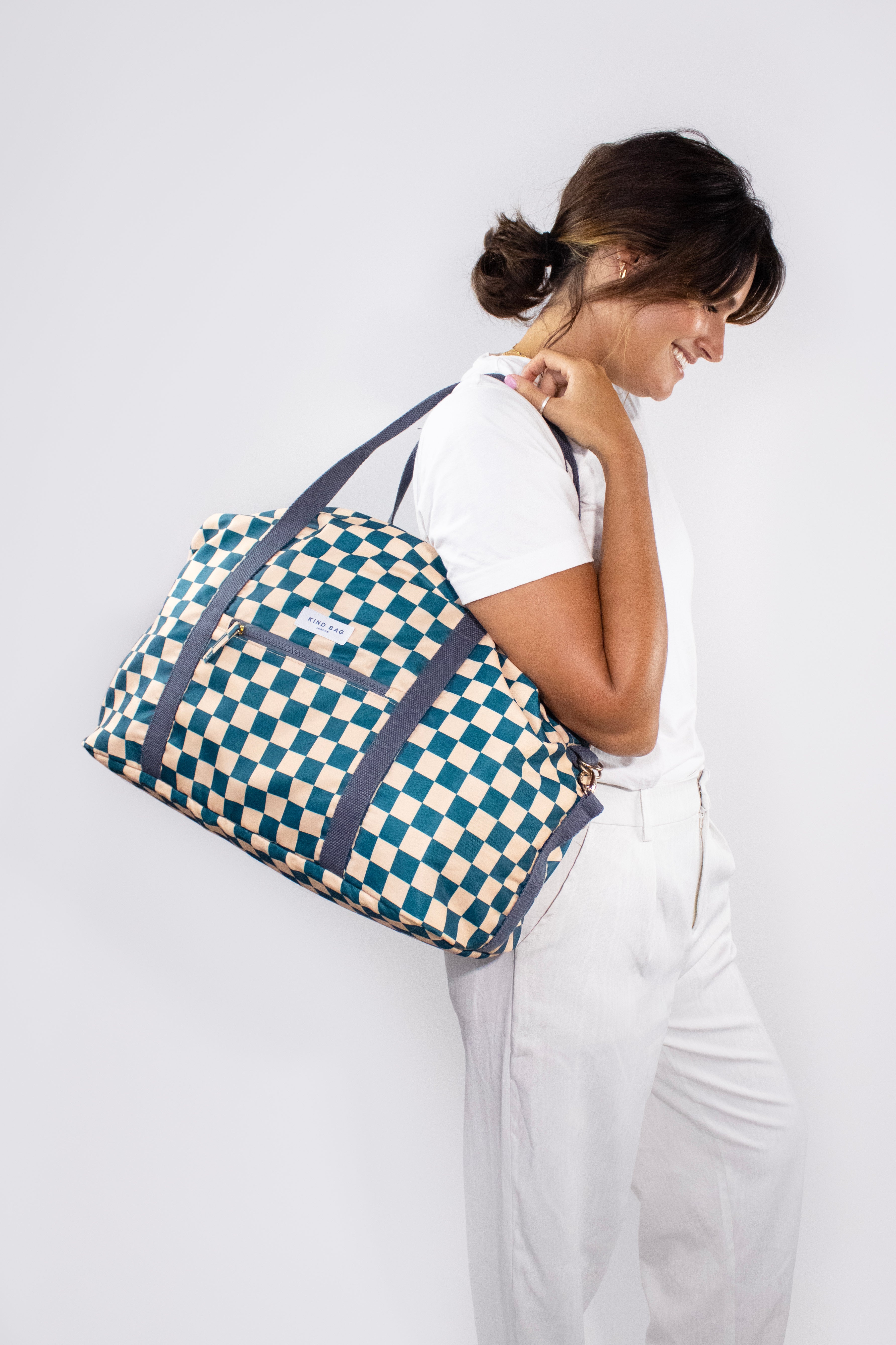 Weekender Carry-On Bag | Checkerboard Teal & Beige