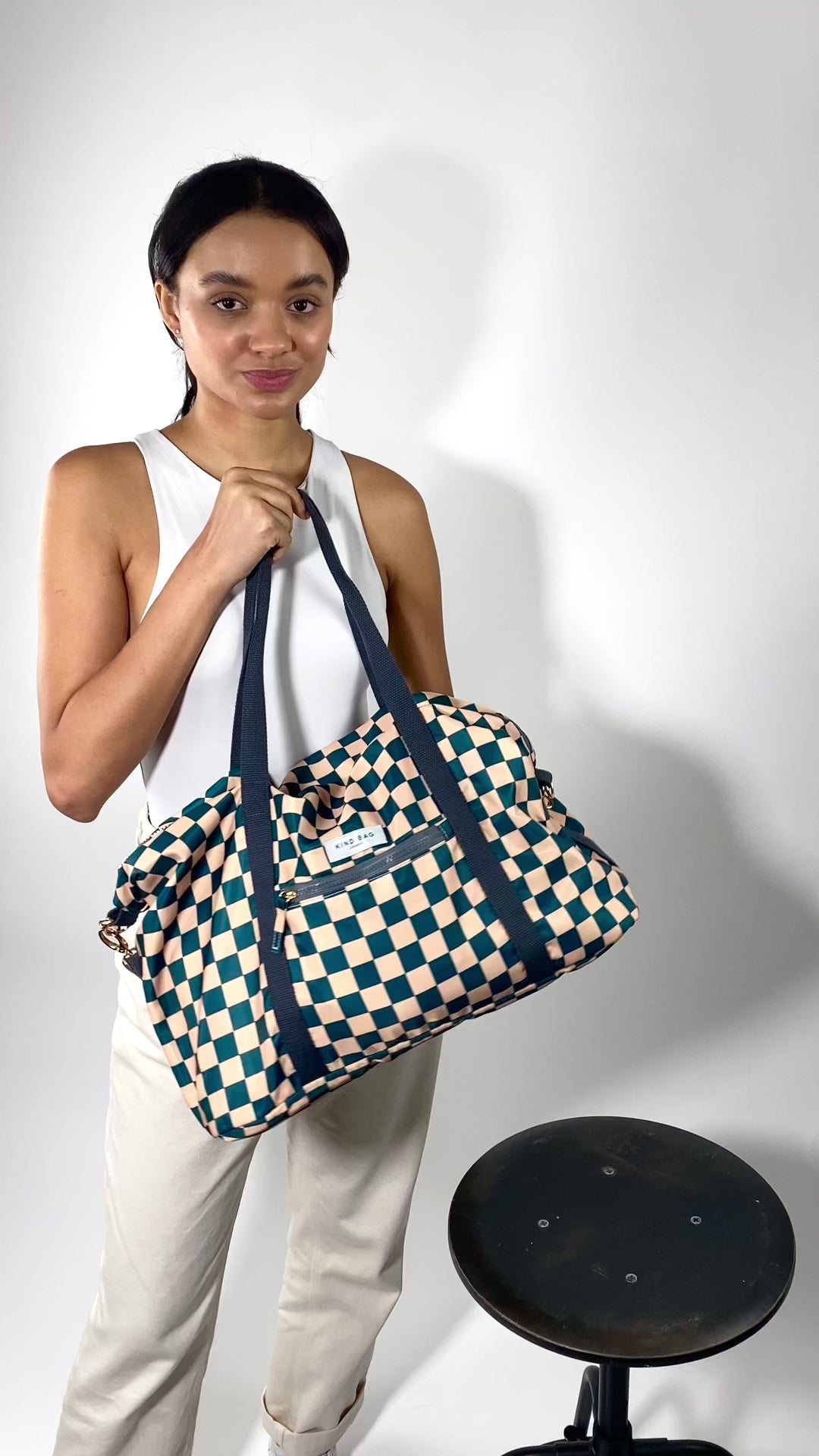 Load video: Weekender Carry-On Bag | Checkerboard Teal &amp; Beige