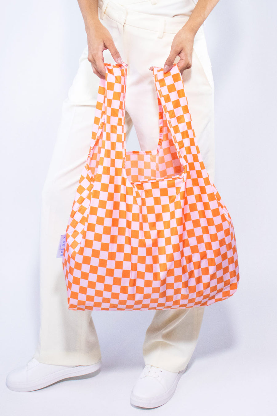 Kind Bag Orange and Pink Checkerboard Medium Reusable Bag Front View
