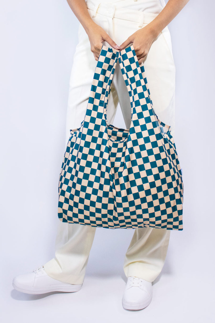 Kind Bag Checkerboard Teal Beige Medium Reusable Bag Front View